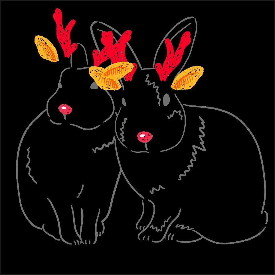 Das Logo von haeschenblog.de im Weihnachtslook: Zeichnung von zwei Kaninchen mit Rentier-Geweihen und roter Nase