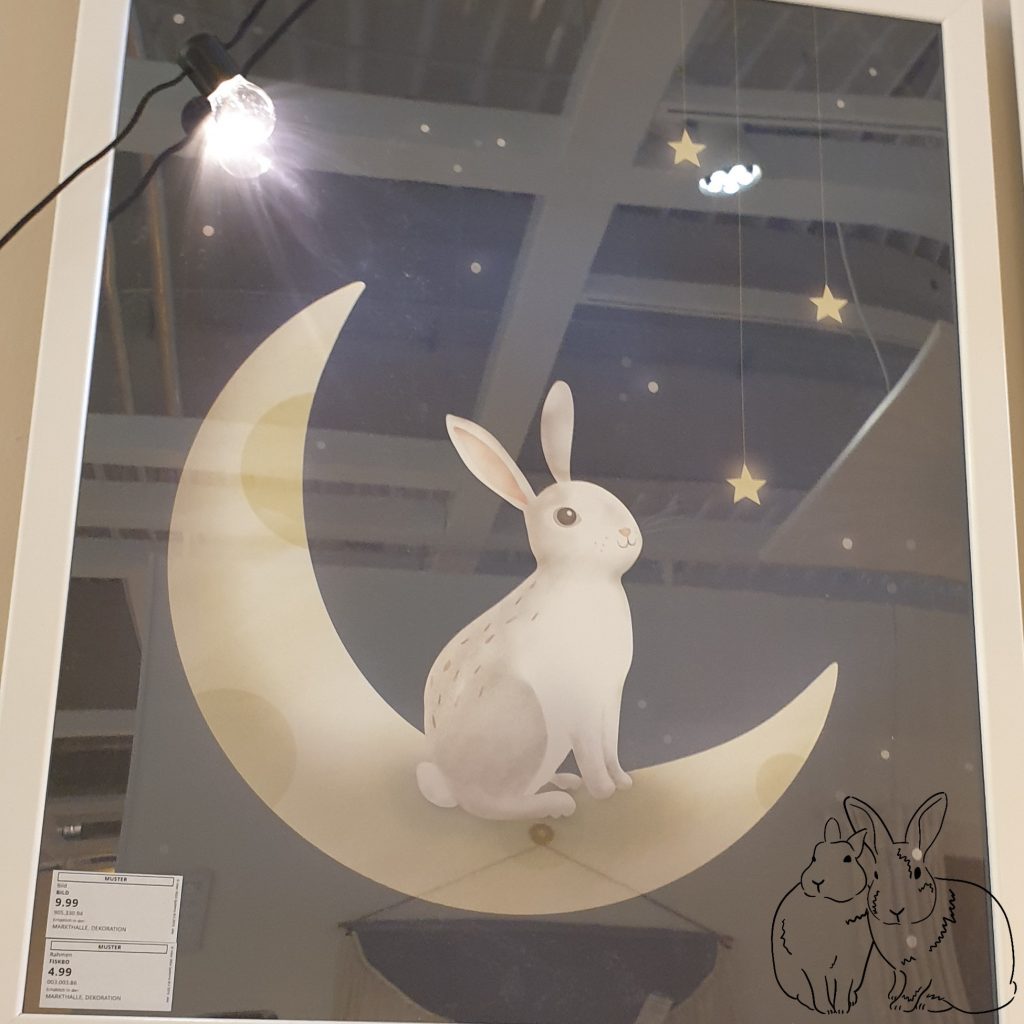 Bild im Rahmen mit weißem Kaninchen auf Mondsichel