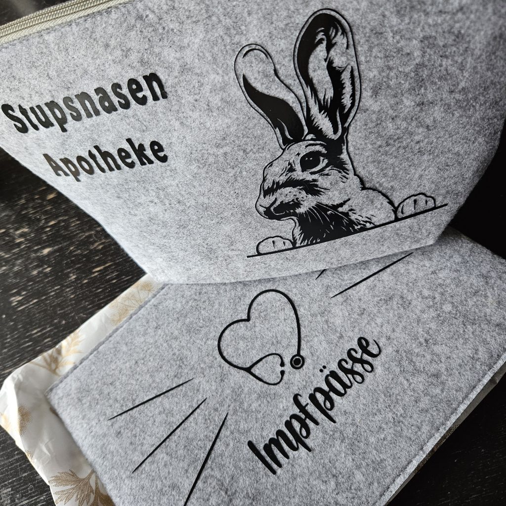 Tasche für Notfallapotheke aus Stoff mit aufgedrucktem Kaninchen und Impfpasshülle aus Stoff mit aufgedrucktem Stethoskop in Herzform
