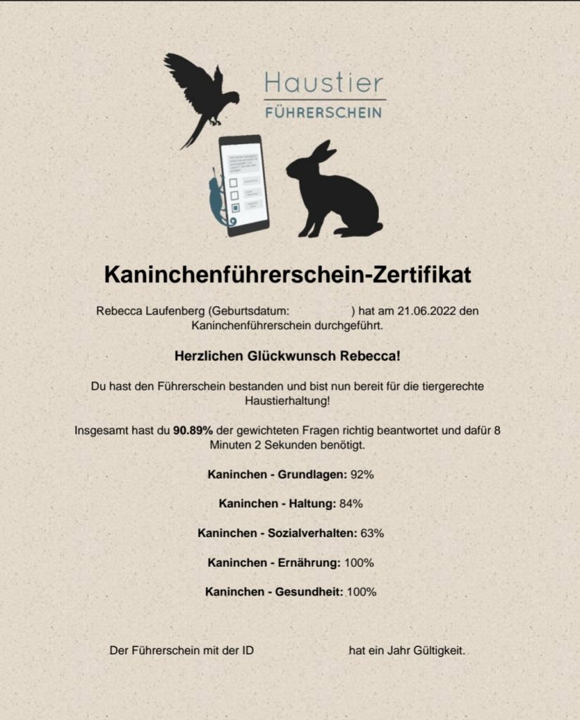 Kaninchenführerschein-Zertifikat mit Logo und Text (s.u.)