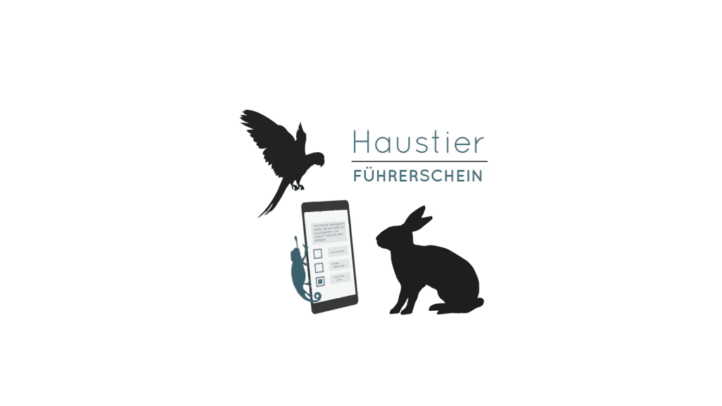 Logo des Haustierführerscheins: Kaninchen, Vogel und Chamäleon mit Smartphone