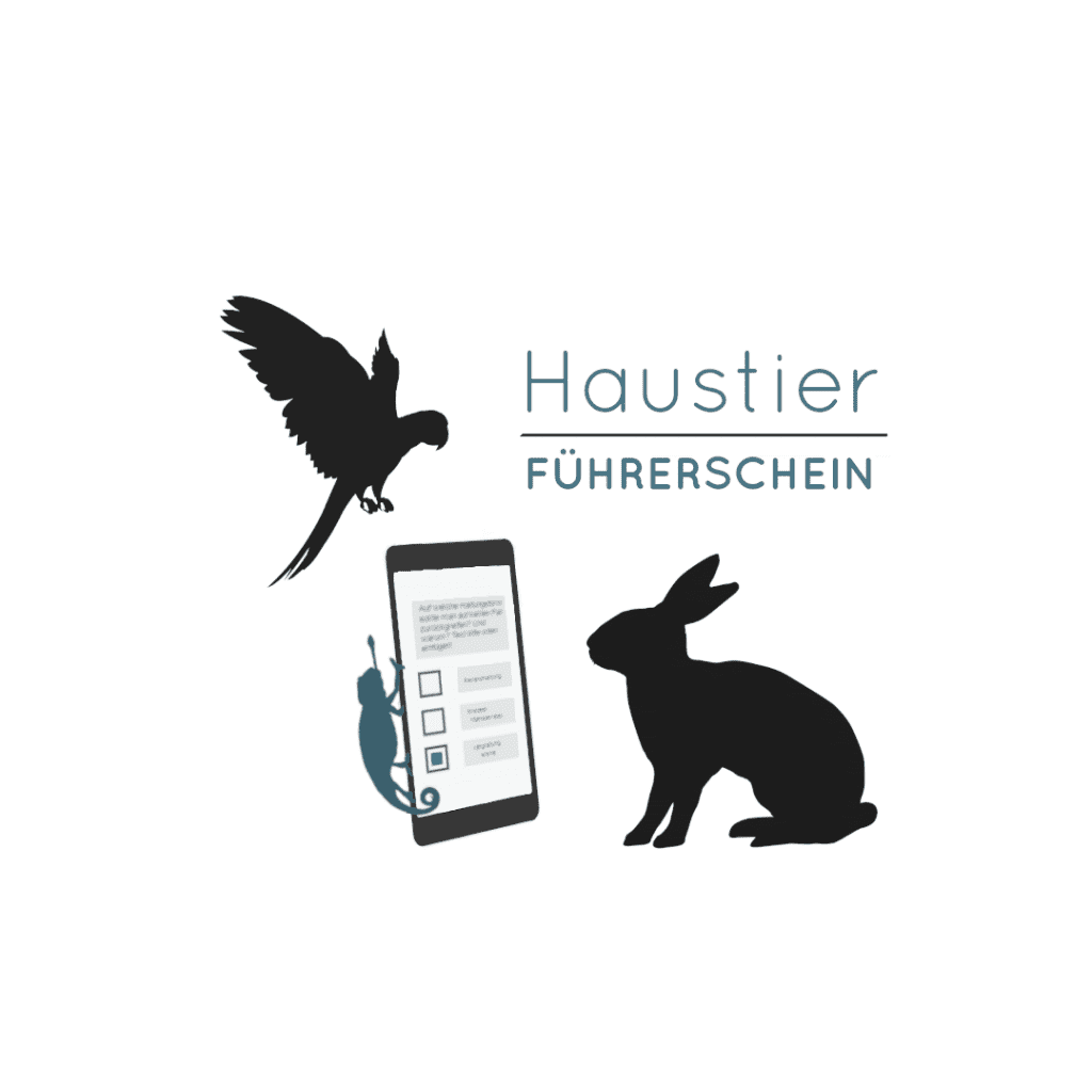 Logo Haustierführerschein: Vogel, Kaninchen und Chamäleon mit Tablet